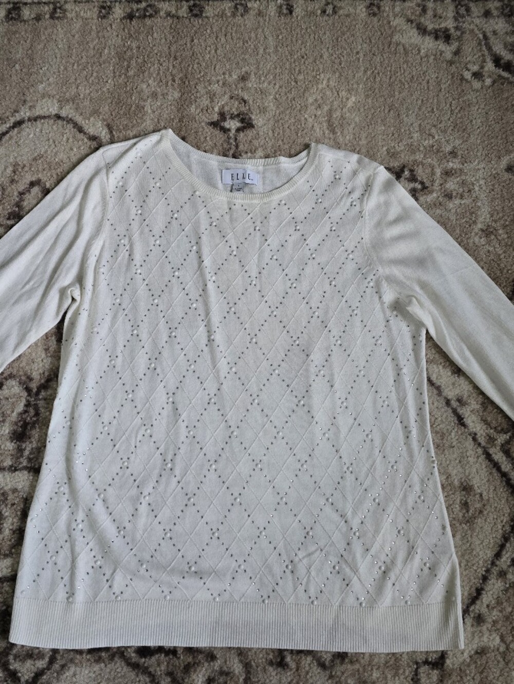 Elle Ivory Pointelle Long-Sleeve Knit Top